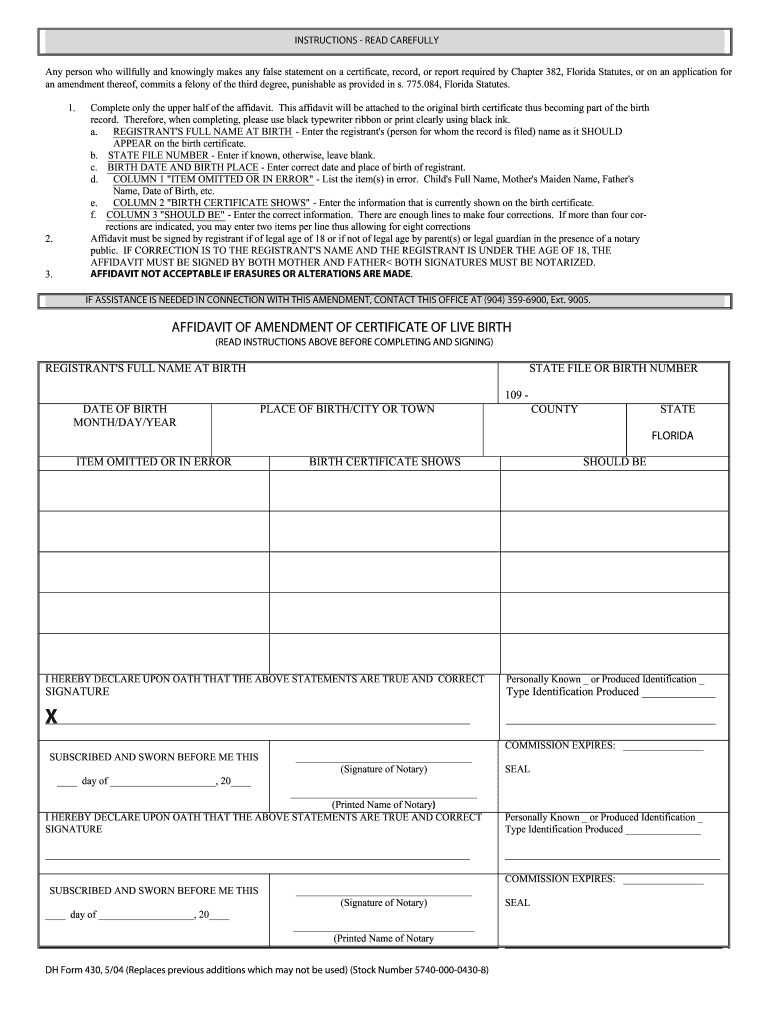 Affidavit of Amendment of Certificate of Live Birth  Form