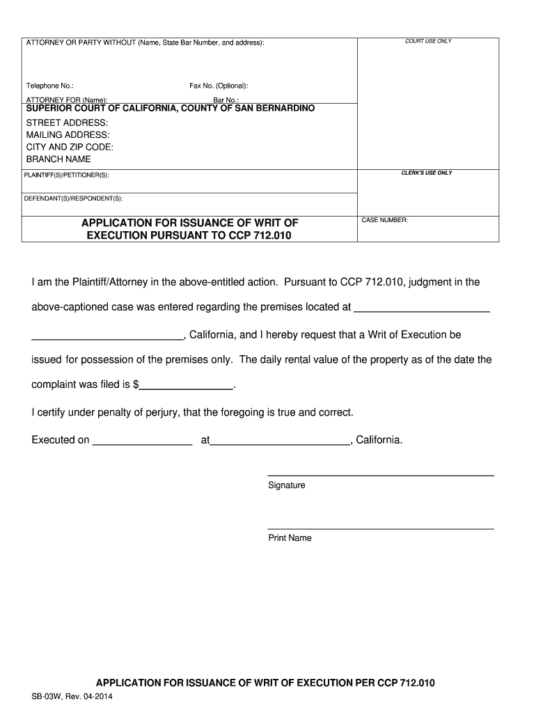  Fillable Writ of Possession Form Sb 03w 2014-2024