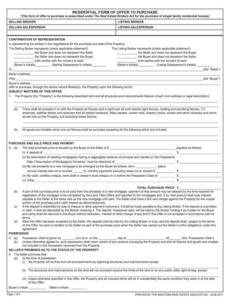  Manitoba Real Estate Offer Purchase Form 2011-2024