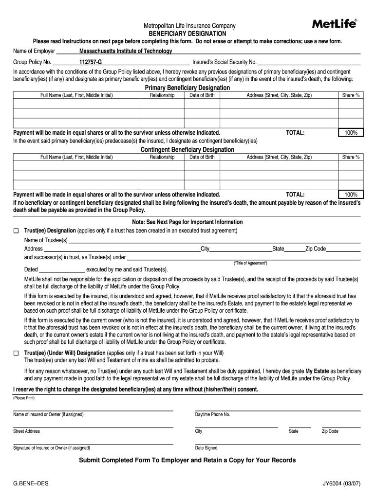 Metlife Beneficiary Form