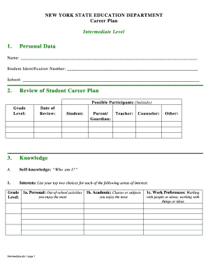 NEW YORK STATE EDUCATION DEPARTMENT Career Plan Intermediate Level 1 P12 Nysed  Form