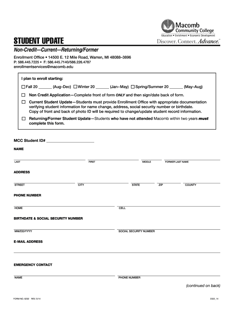  Returning Student Update Form Macomb Community College Macomb 2014