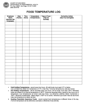  FOOD TEMPERATURE LOG County of San Diego 2011