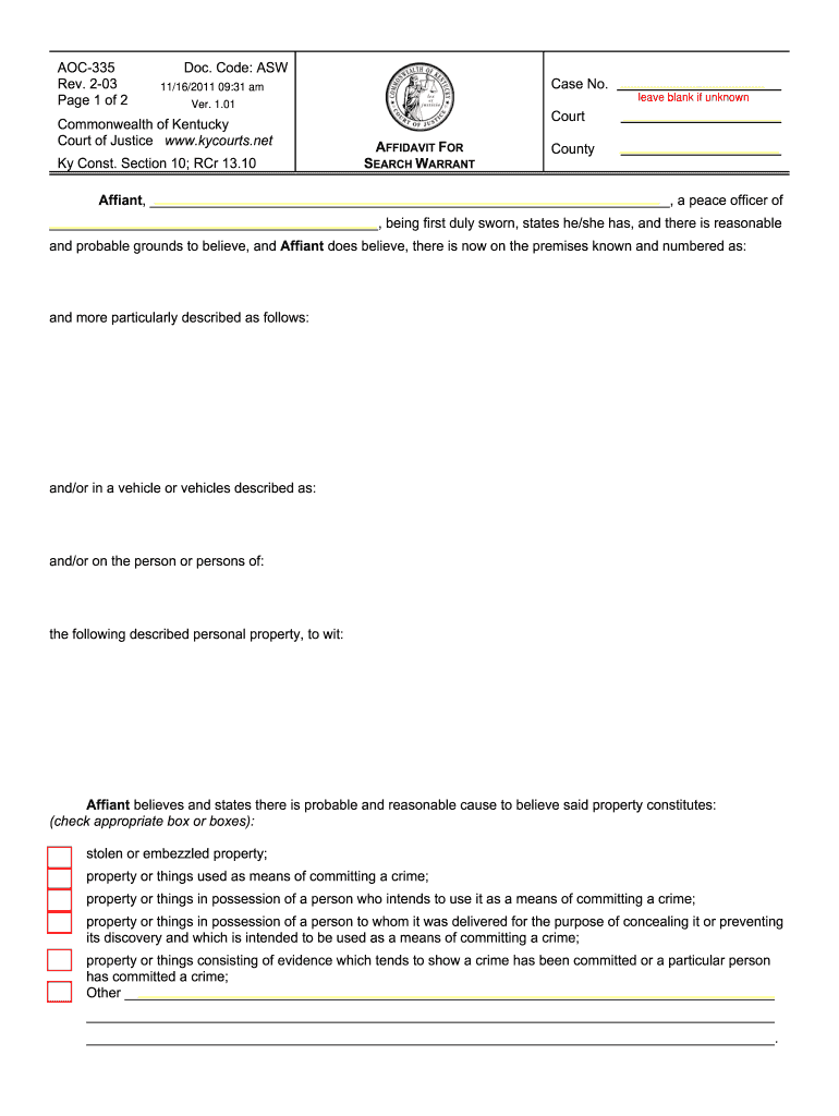  Kentucky Search Warrant Form 2003