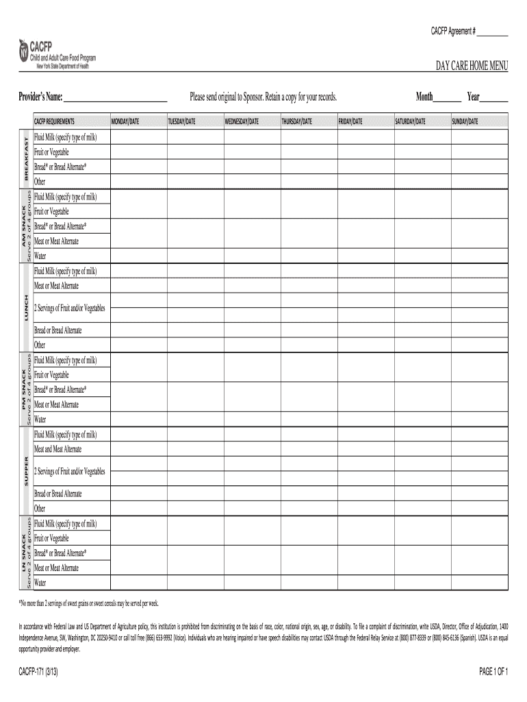  Day Care Home Menu CACFP 171  Health Ny 2013