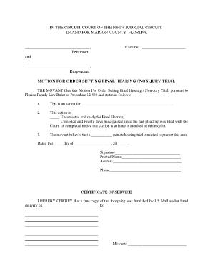Motion for Order Setting Final Hearing Marion County Clerk of Courts Marioncountyclerk  Form