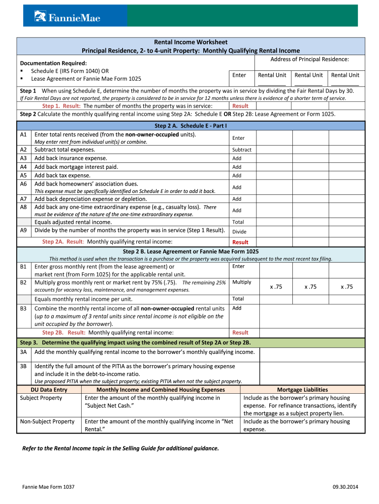  Fannie Mae Rental Income Worksheet 2014-2024