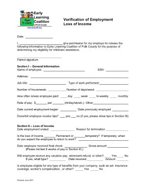 Verification of Employment Loss of Income Early Learning Coalition  Form