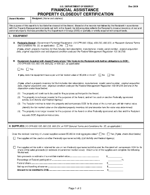 Financial Assistance Property Closeout Certification U S Department Netl Doe  Form