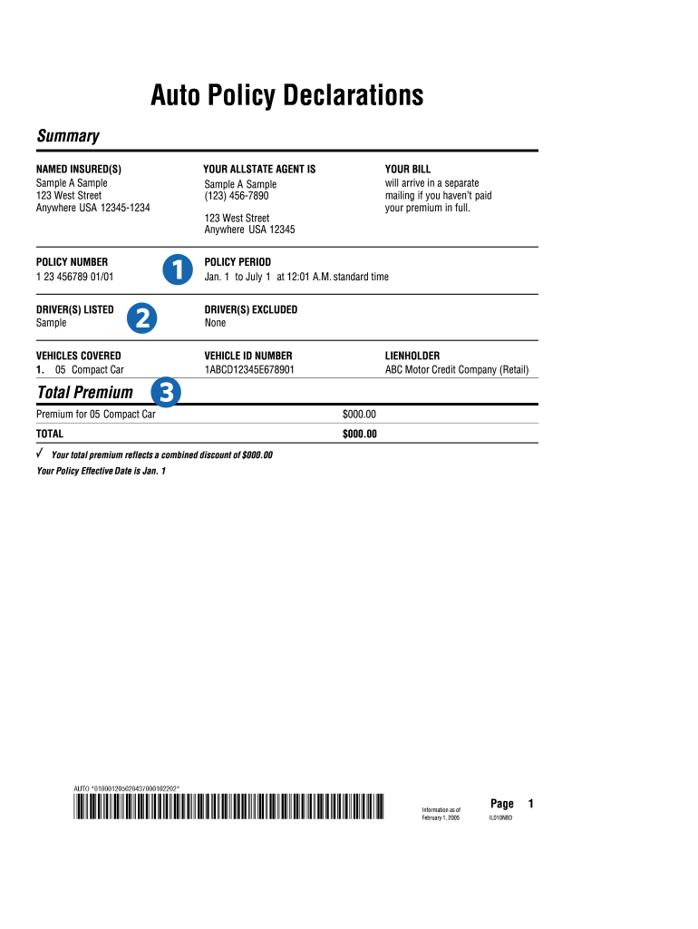 Auto Policy Declarations Allstate  Form