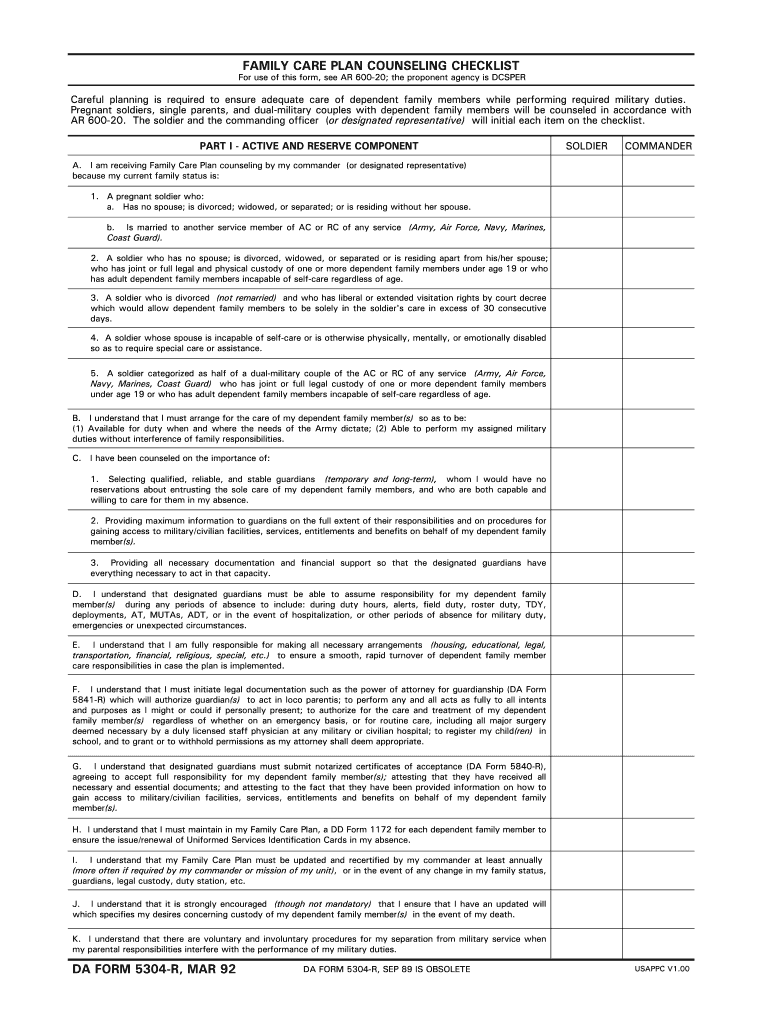  Form Family Care Plan 1992