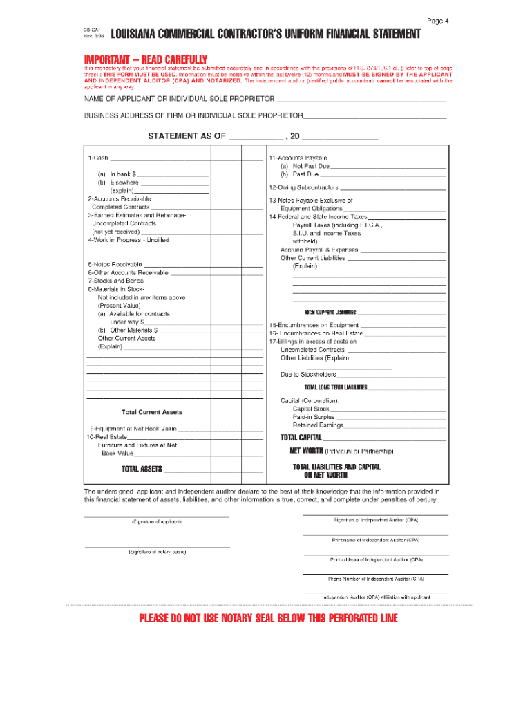  Louisiana Contractors Uniform Financial Statement 2008-2024