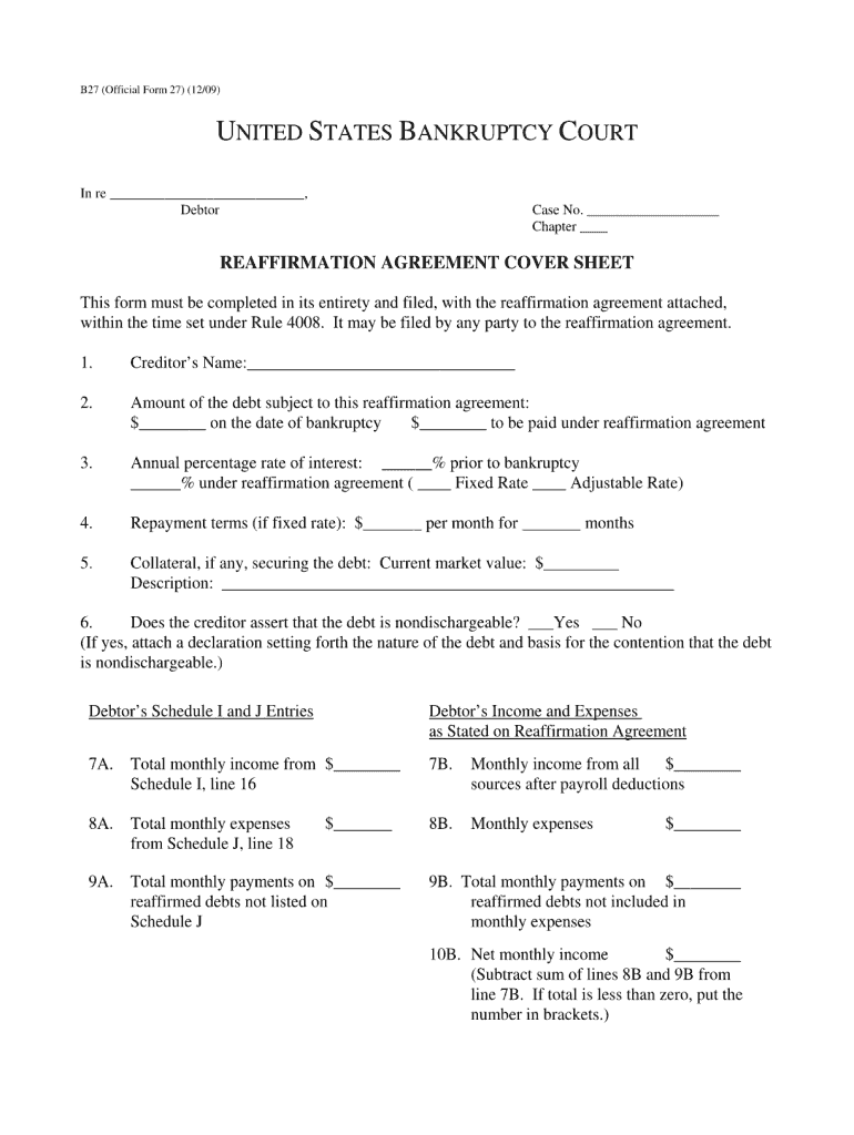 Get and Sign Reaffirmation Agreement Cover Sheet Form B27 2009-2022