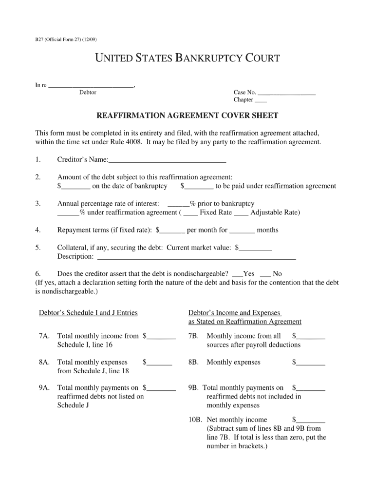  Reaffirmation Agreement Cover Sheet Form B27 2009-2024