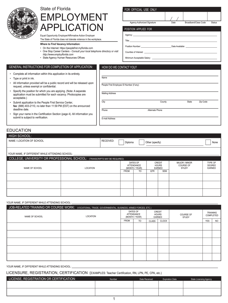  Employment Application Florida 2014-2024