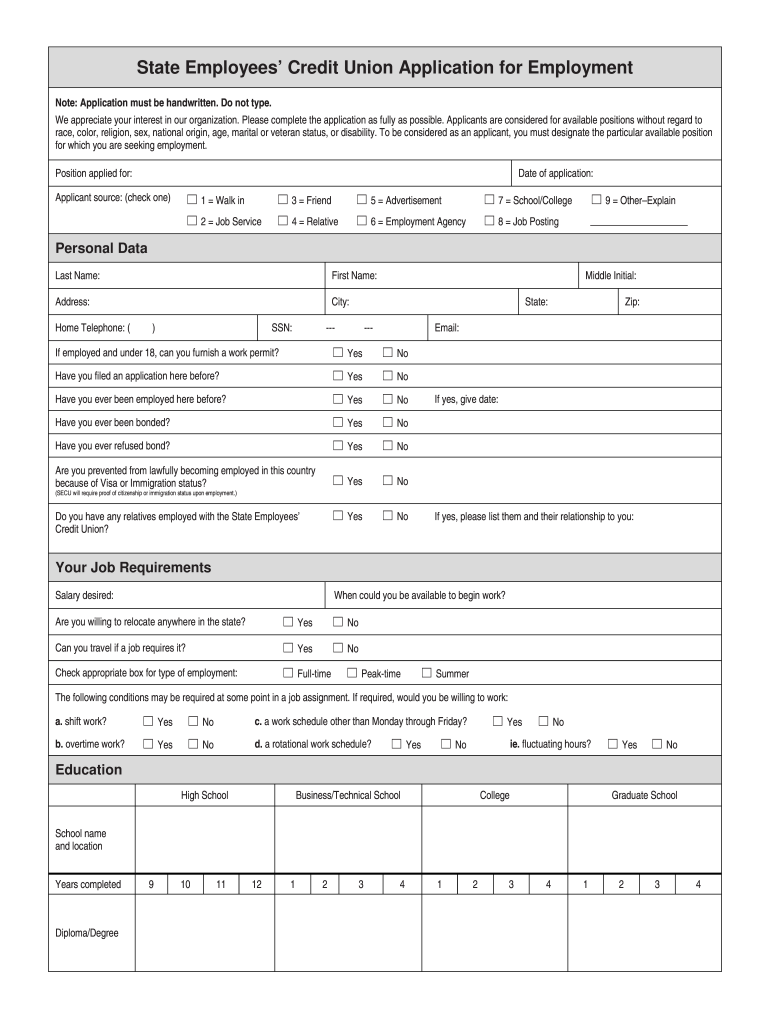Employment Application and Consent Form  State Employees' Credit    Ncsecu