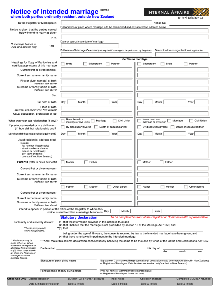  Notice of Intended Marriage Resident Outside NZ BDM58 Dia Govt 2014