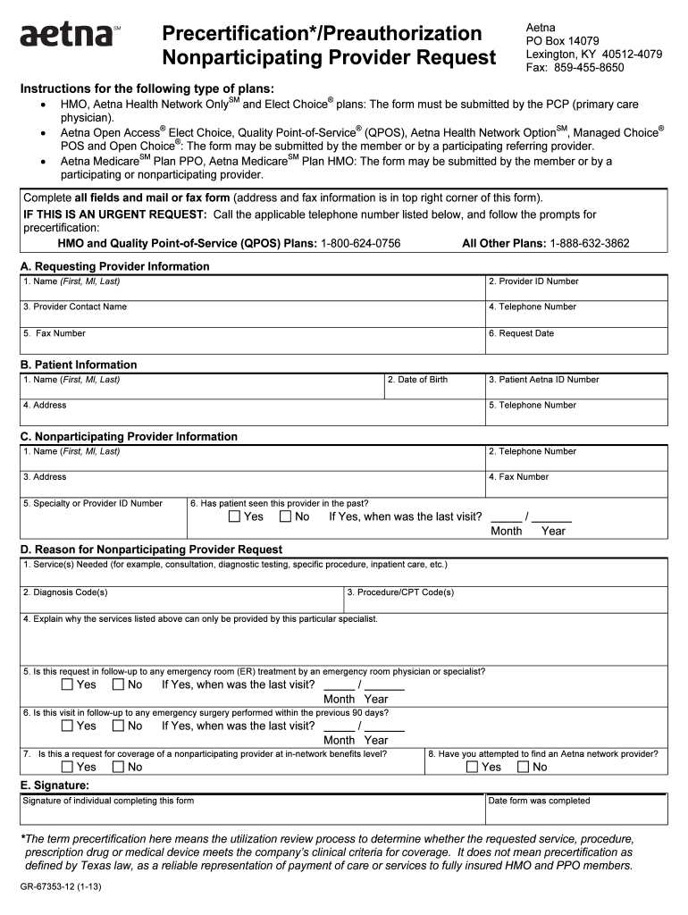  Precertification Request Form for Non Participating Providers Aetna 2013