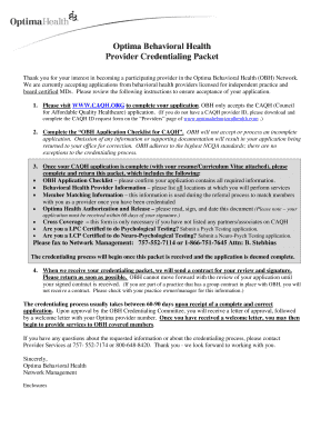 Optima Behavioral Health Provider Credentialing Packet  Form