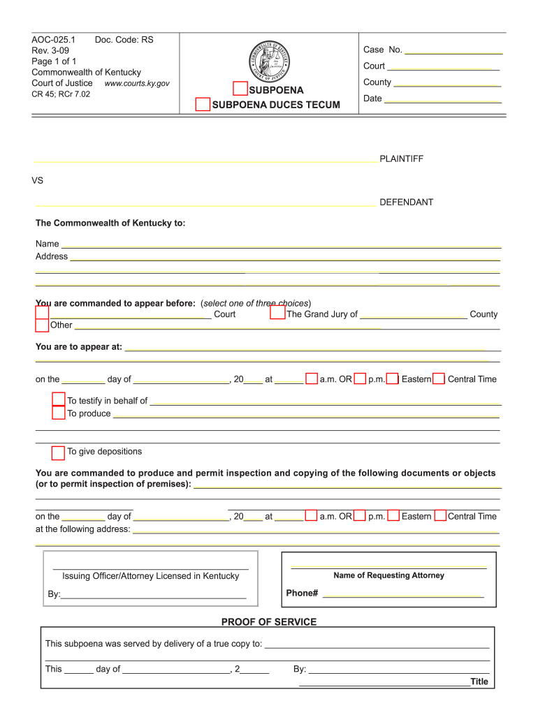  Copy of a Subpoena Duces Tecum for State of Ky 2009-2024