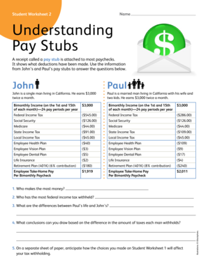 Paycheck Worksheets for Students  Form