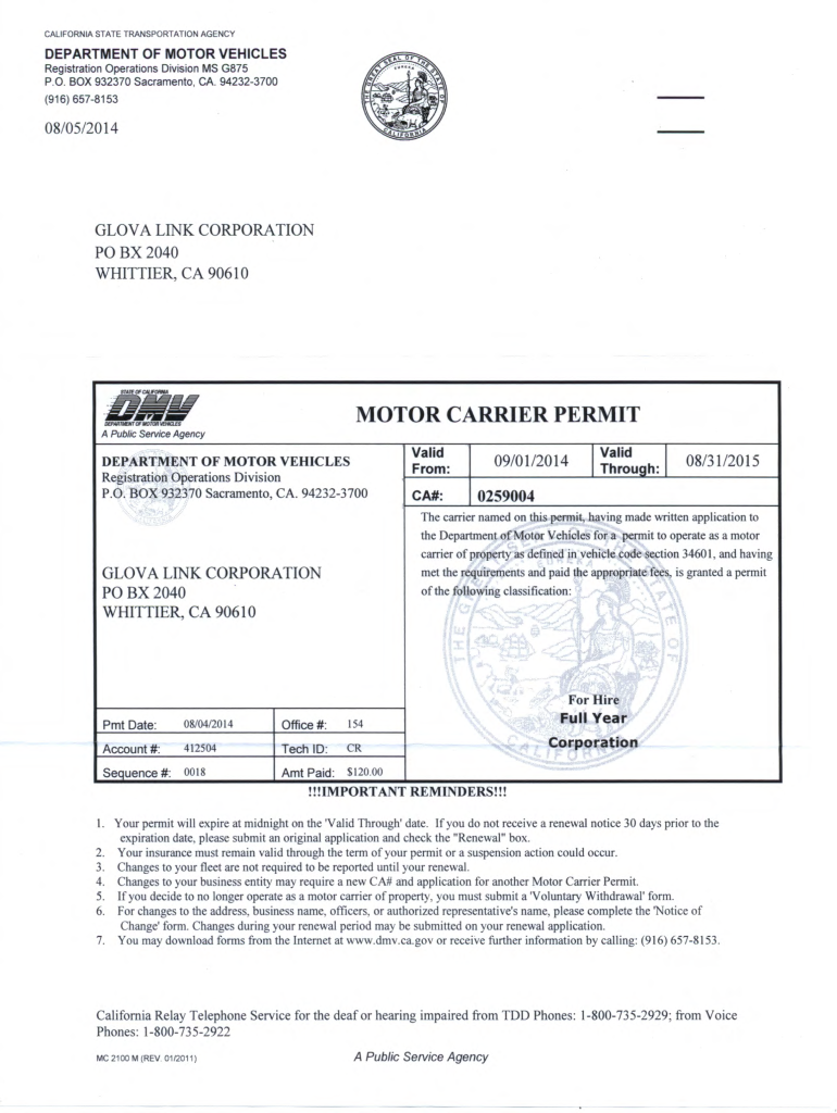 Motor Carrier Permit  Form