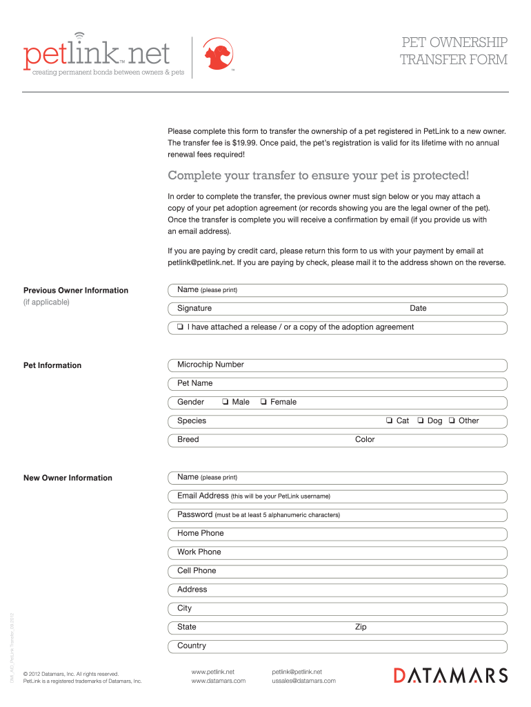 Pet Ownership Transfer Form pdfFiller Com