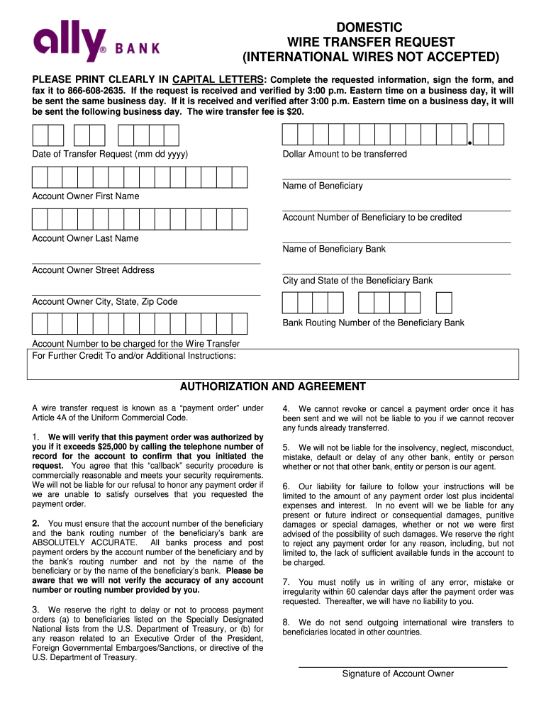 Ally Bank Domestic Wire Transfer Form