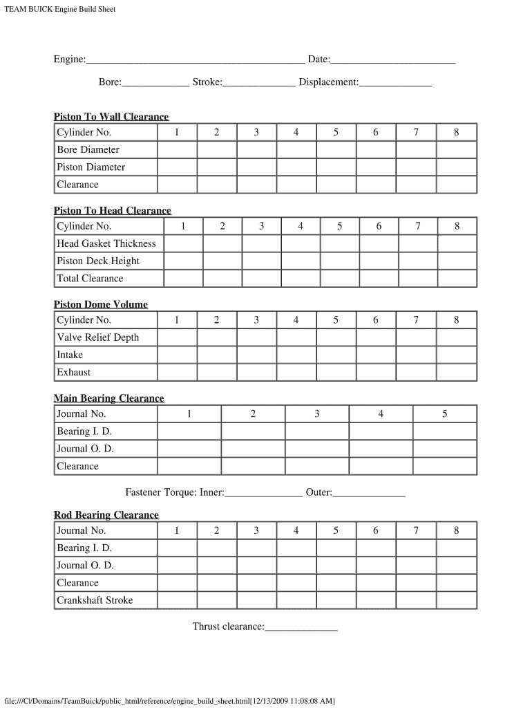 Engine Build Sheet  Form