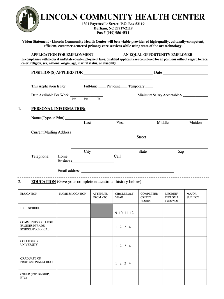  Downloadable Job Application  Lincoln Community Health Center 2012-2024