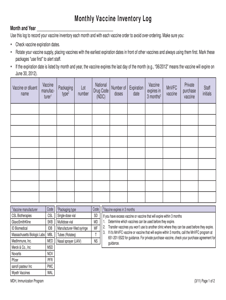 Get and Sign Vaccine Inventory Log Sheet 2011-2022 Form