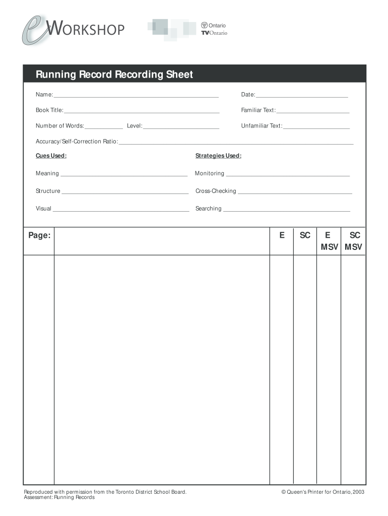 Running Record Template  Form
