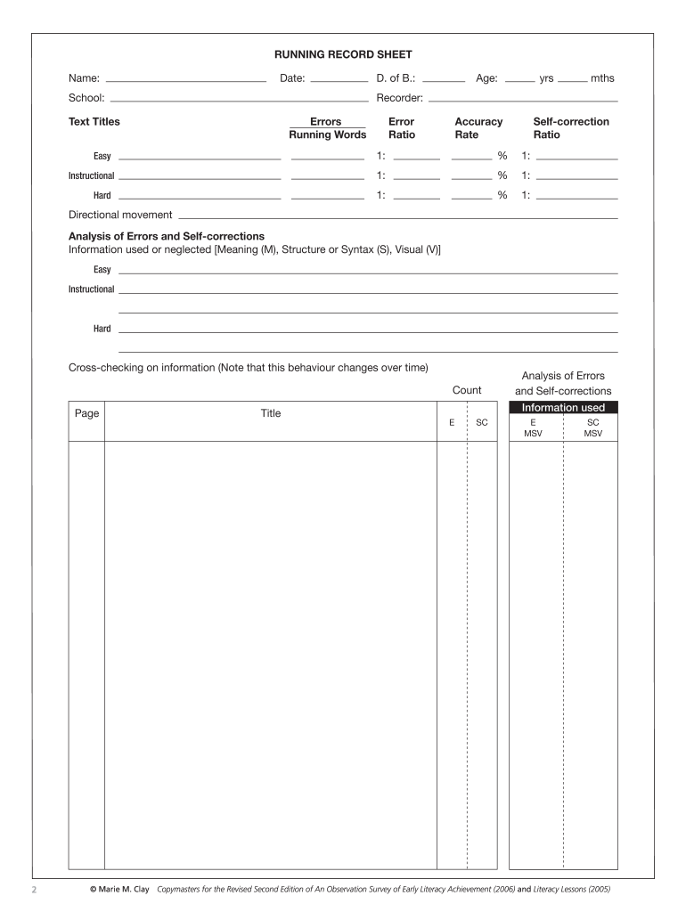 Running Records Template  Form