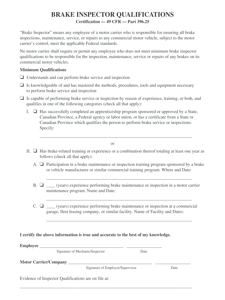 Brake Inspector Certification  Form