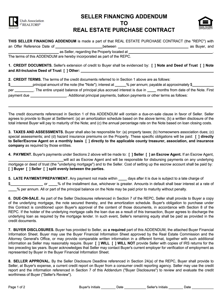 Seller Financing Addendum Utah  Form