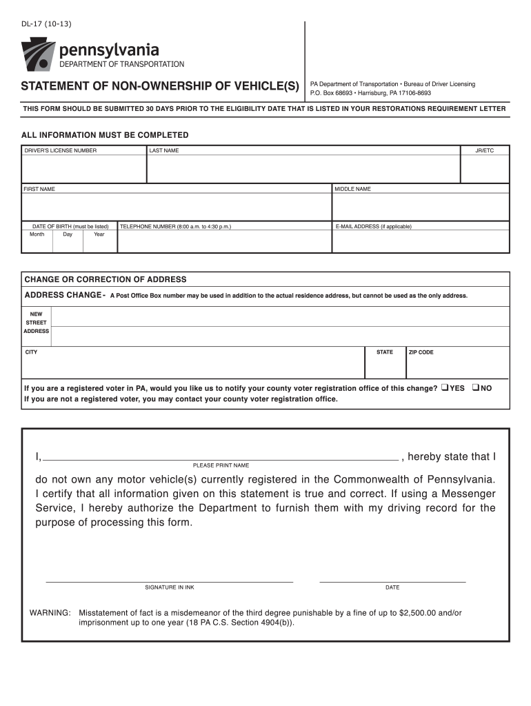 Statement of Non Ownership of Vehicle Pa  Form