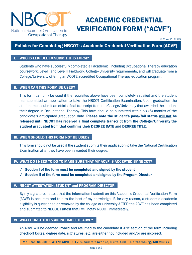  ACADEMIC CREDENTIAL VERIFICATION FORM ACVF Nbcot 2014