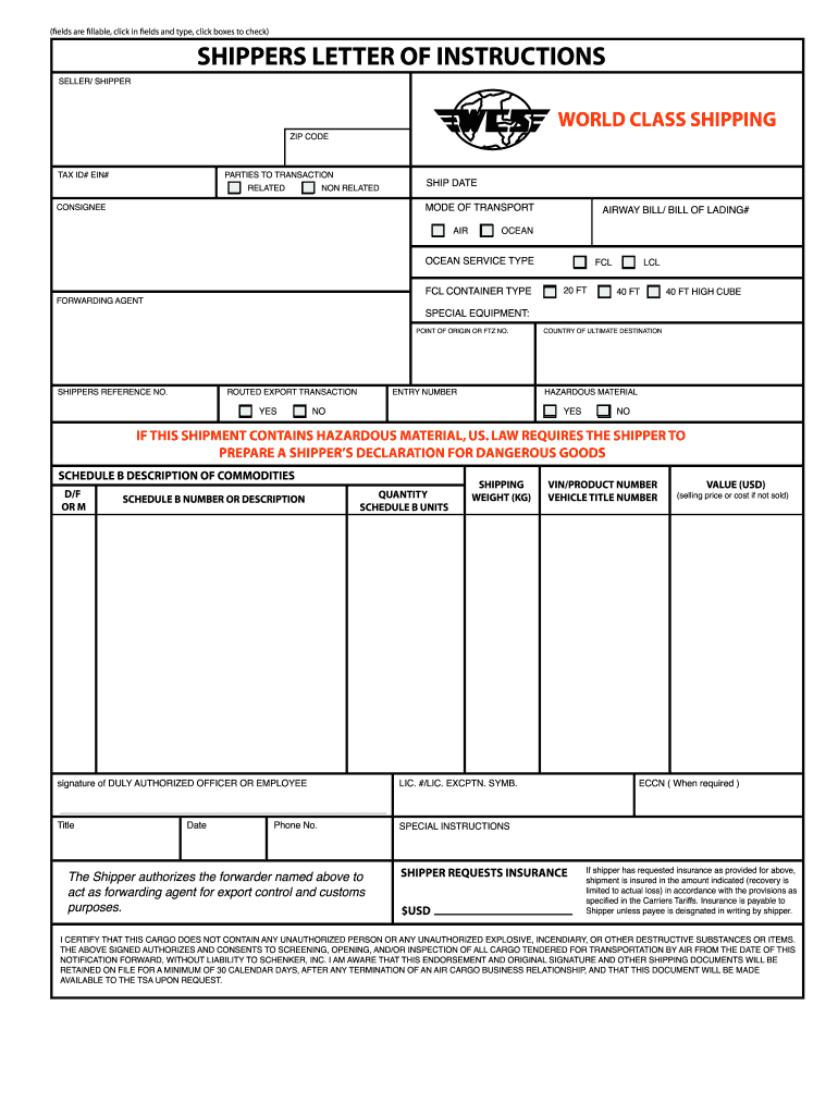 Shipping Instructions Template  Form