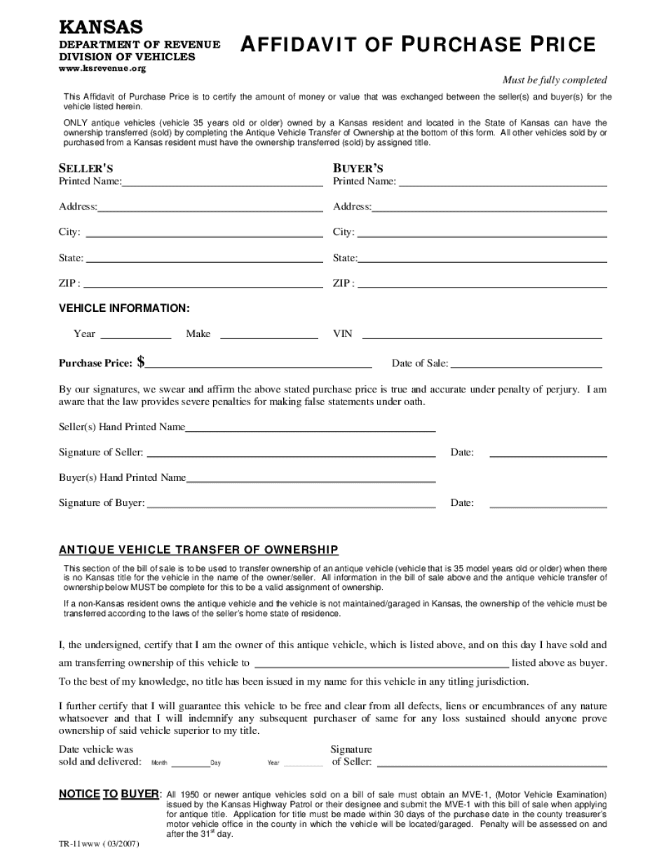 Affidavit of Purchase Price Kansas  Form