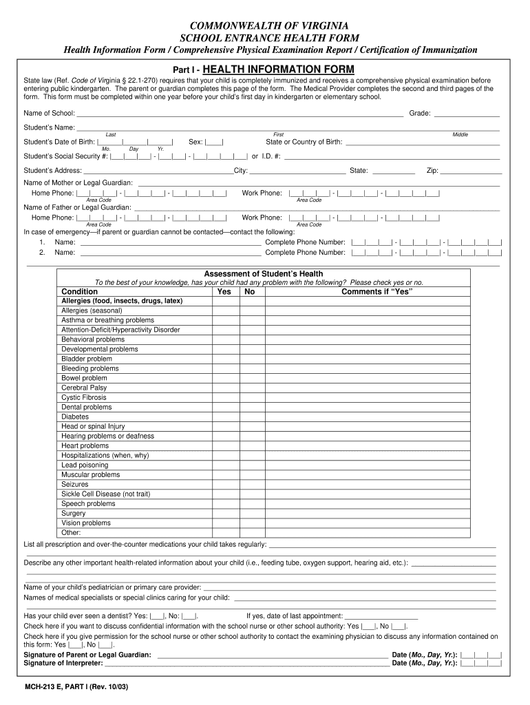 Virginia Common Health Physical Fillable Form
