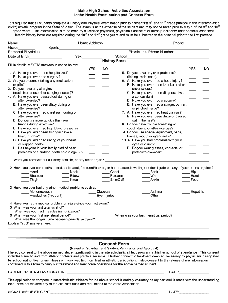 Idaho High School Activities Association Physical Form