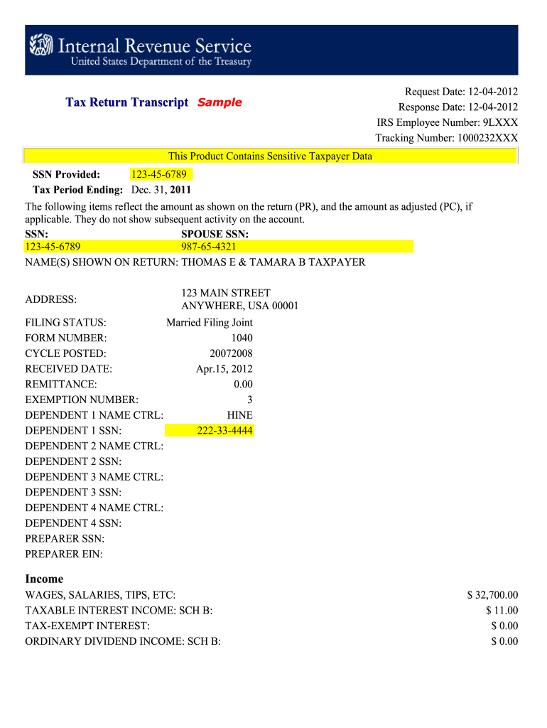 Tax Return Transcriptt Sample Veri Tax  Form