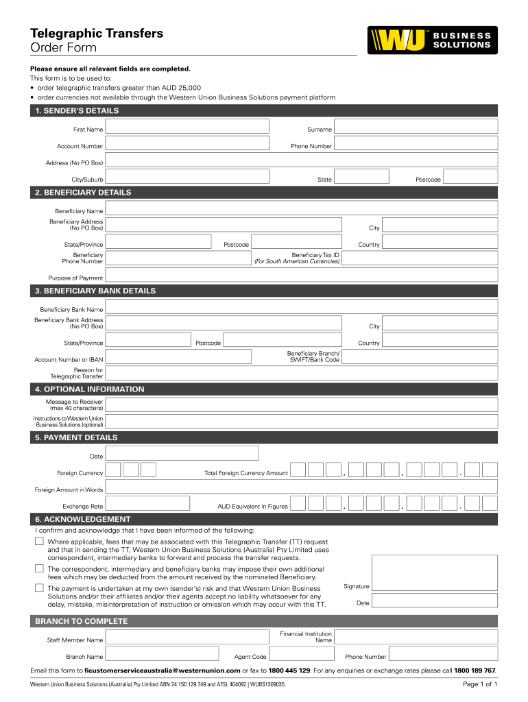 Telegraphic Transfers Order Form