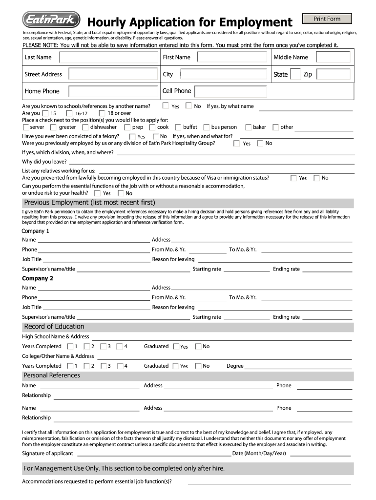 Hourly Application for Employment Eat&amp;#39;n Park  Form