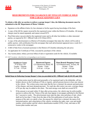 Requirements for Clearance of Title on Vehicle Sold for Garage Dmv Dc  Form