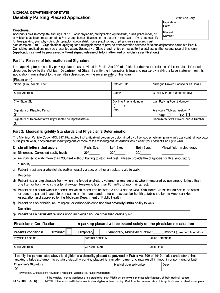  Michigan Dept of State Disability Placard Application  Form 2013
