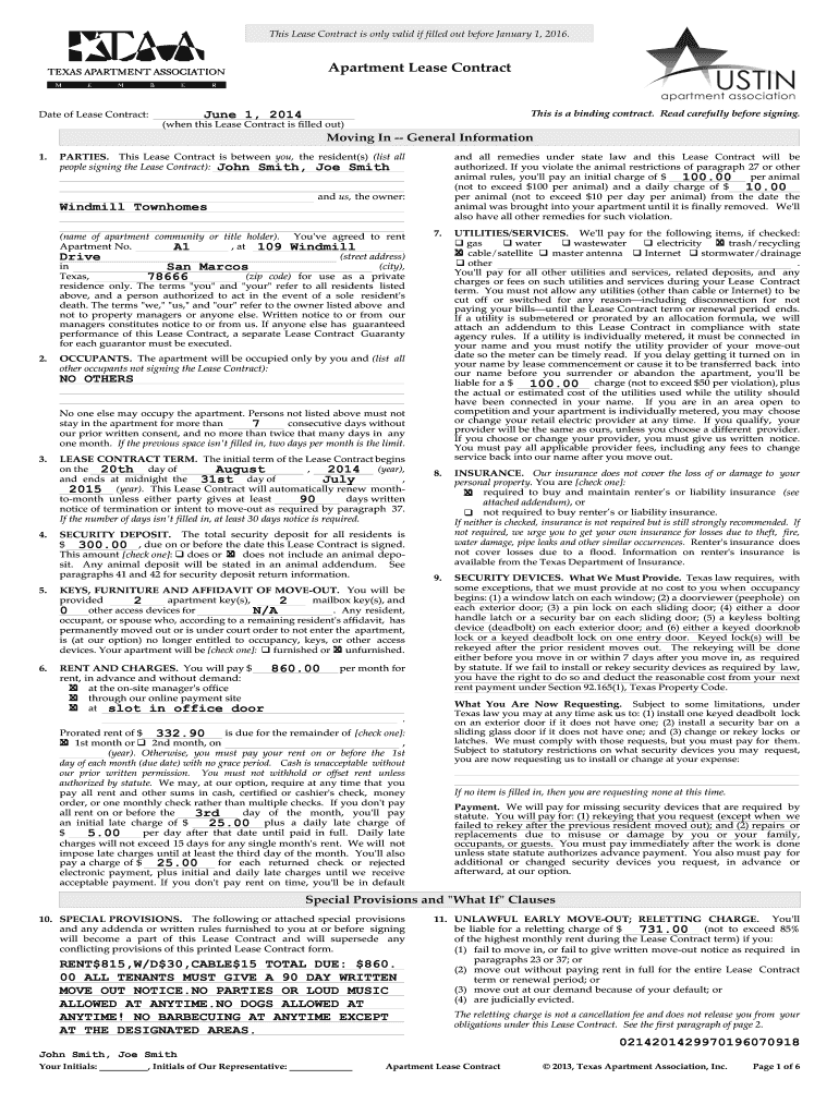 Texas Apartment Association Lease Agreement PDF Editable  Form