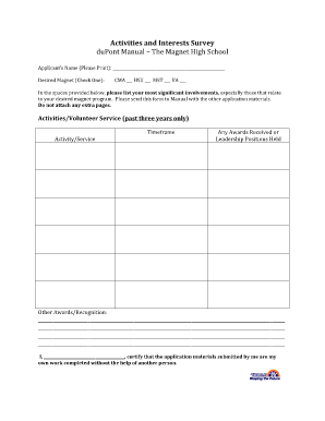 Activities and Interest Survey DuPont Manual High School  Form