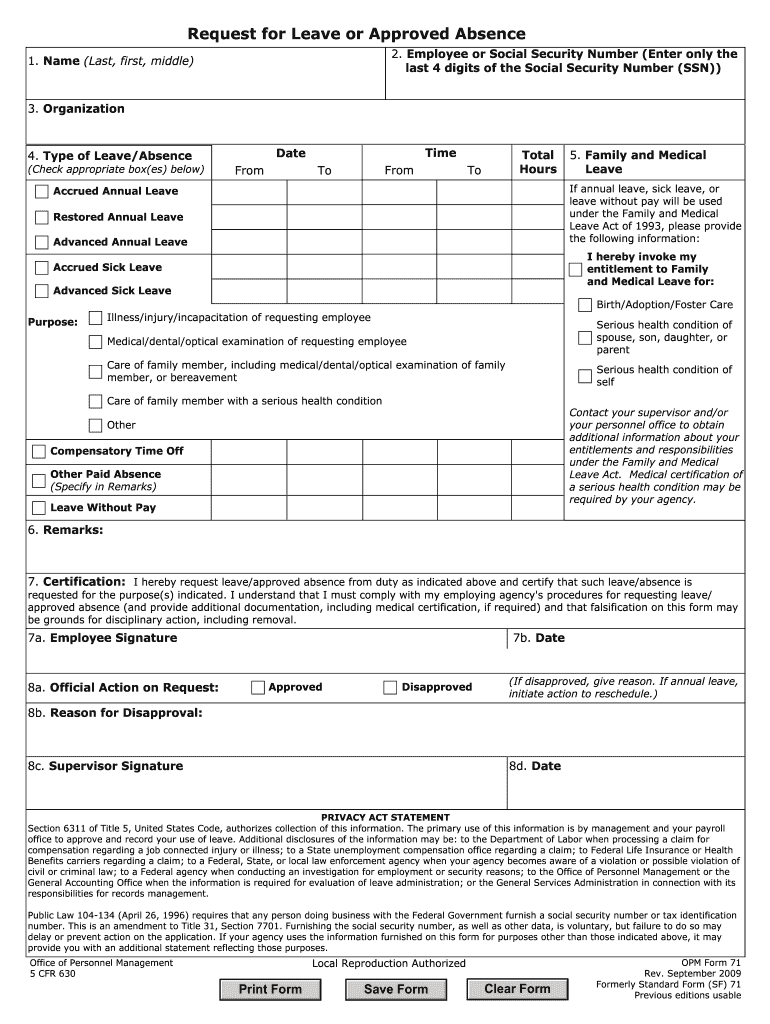 OPM 71 Request for Leave or Approved Absence Opm  Form
