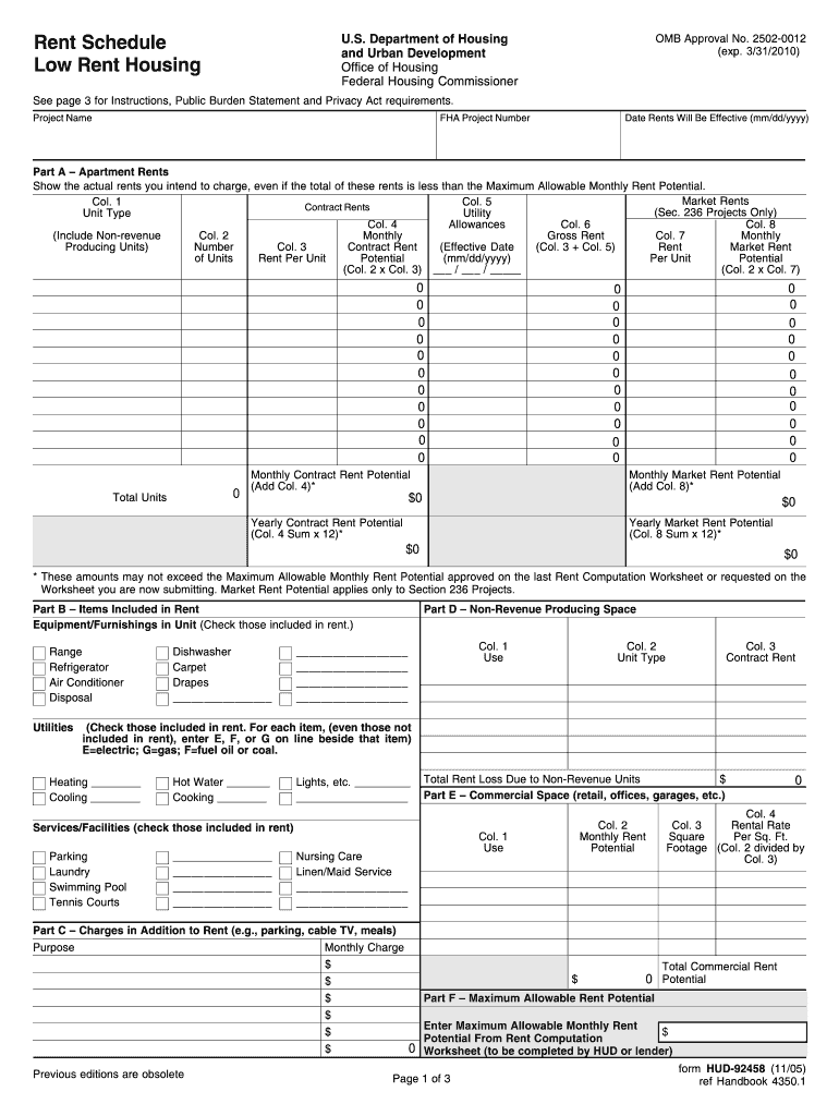 92458 Rent Schedule Low Rent Housing  SC State Housing  Form